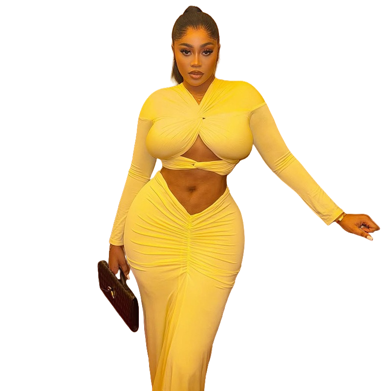 Pencil Skirt Midi - Kadın V Yaka Uzun Kollu Hollow-out