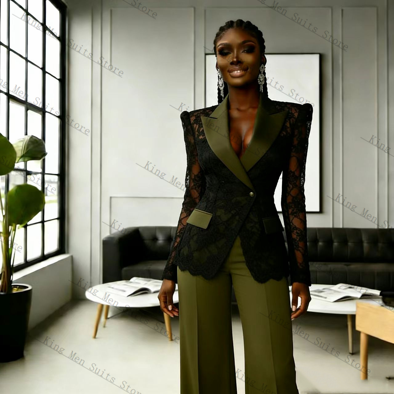 Women Formal Wear With Black Blazer - Yeşil Siyah Dantel Kadın Takım Elbise