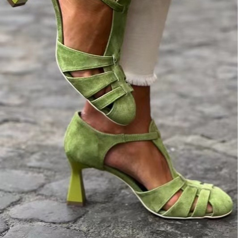 Kitten Heel Women - Kadın Yeşil Süet Kitten Topuklu T-Askılı