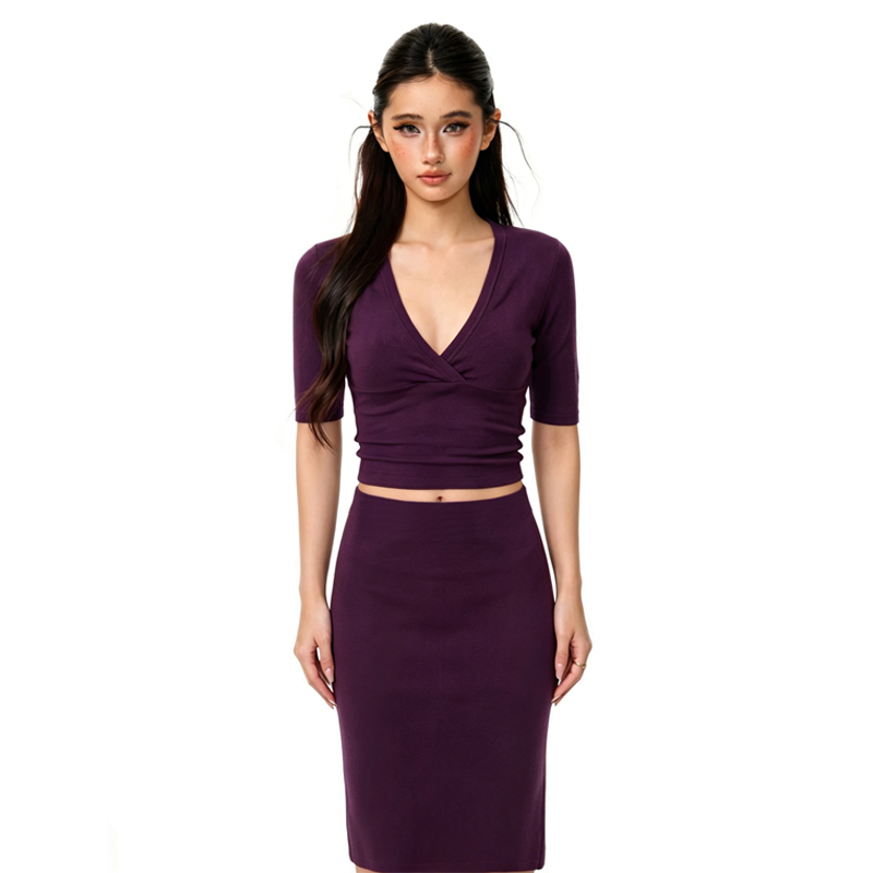 Pencil Skirt Midi - Kadın Fransız V Yaka Yarım Kol